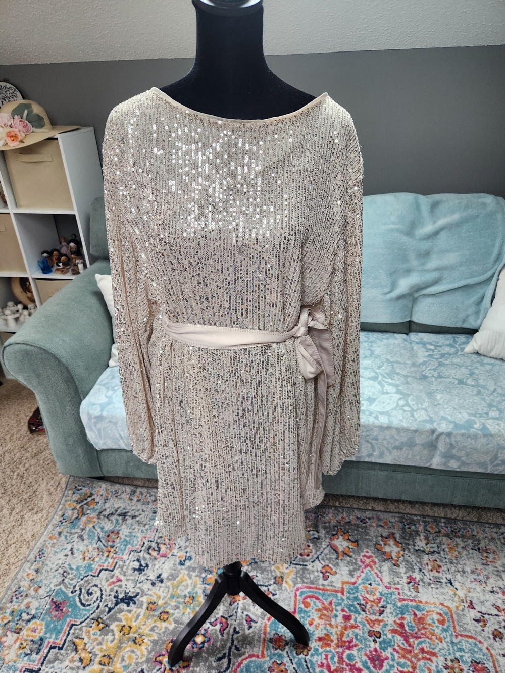 Vine & Love Champagne-Beige Sequin Dress Large
